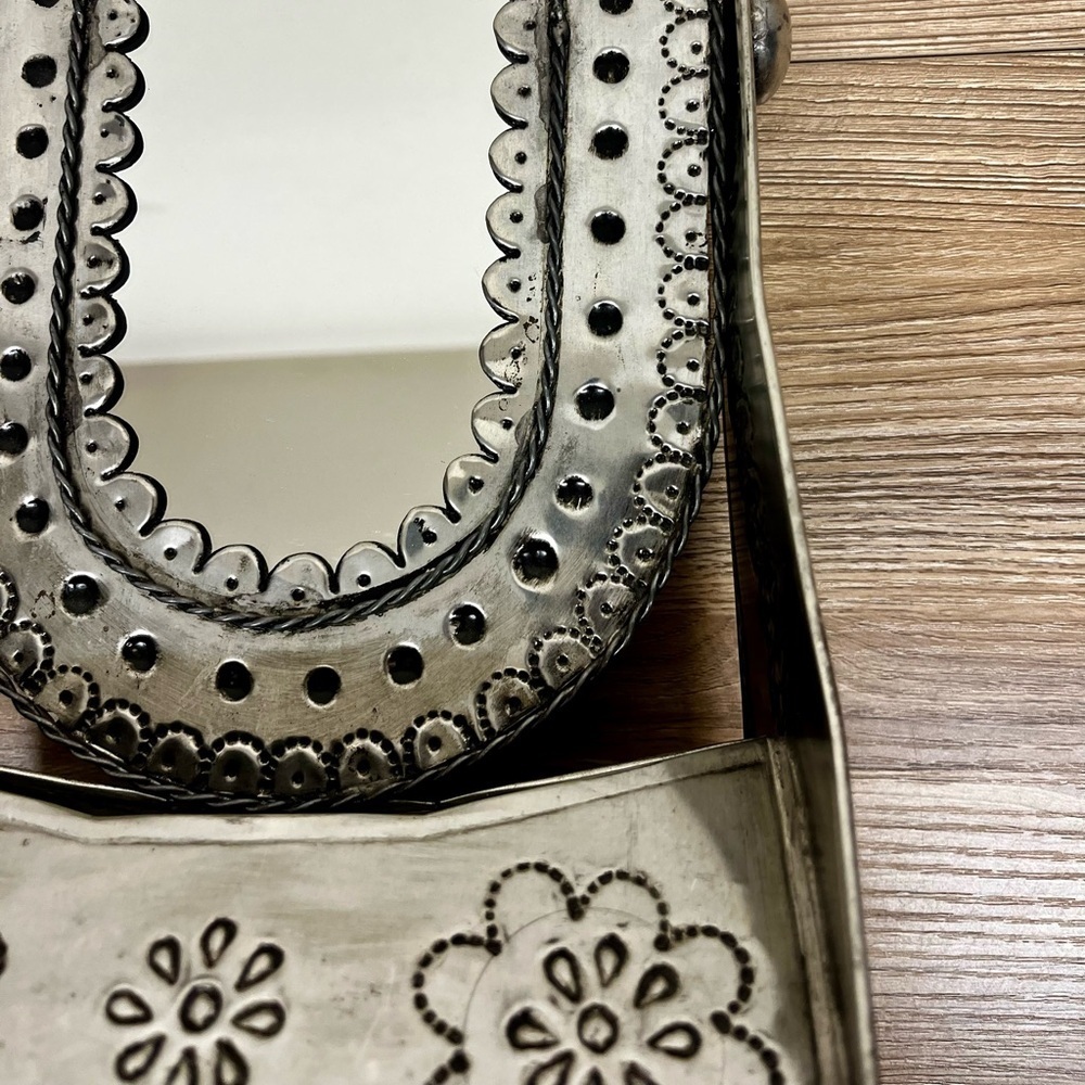 Vintage Mexican Punched Tin Vanity Mirror w/ Stand, Old Folk Art Southwestern - Picture 8 of 9